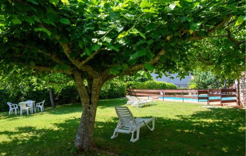 a tree with chairs and a table and a pool at Cozy Apartment In Montemonaco in Montemonaco