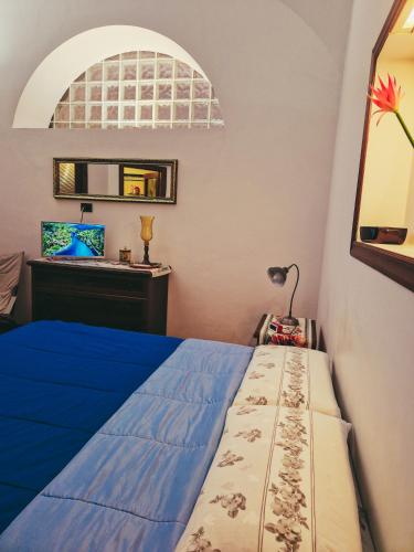 a bedroom with a blue bed and a mirror at Appartamento Villa Bianca su "Corso ITALIA" in Sorrento
