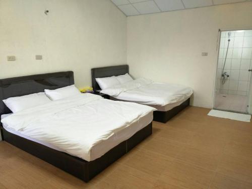 two beds in a room with a shower at Taitung Luye Qitai B&B in Luye