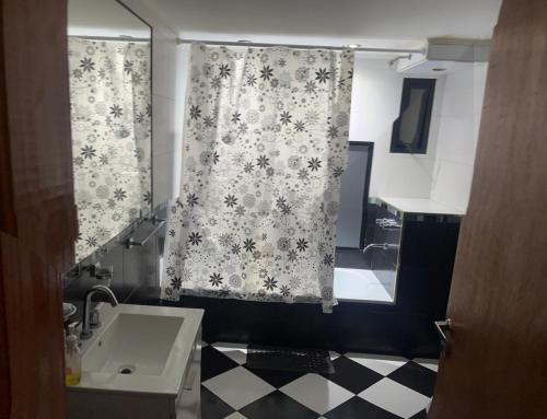 a bathroom with a sink and a shower curtain at Viento Potro Casa Quinta de Campo in San Miguel del Monte