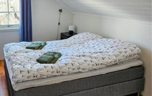 a bedroom with a bed with a comforter and two pillows at 3 Bedroom Cozy Home In Lepsøy in Lepsøy