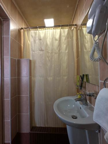 a bathroom with a shower curtain and a sink at Hotel Gloria Standard in Borovoye