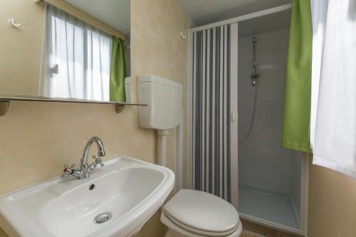 a bathroom with a sink and a toilet and a mirror at Mobile Homes Romantik in Labin