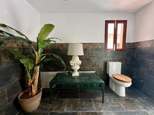 baño con aseo y mesa con planta en Spectacular oceanfront apartment, en Llucmajor
