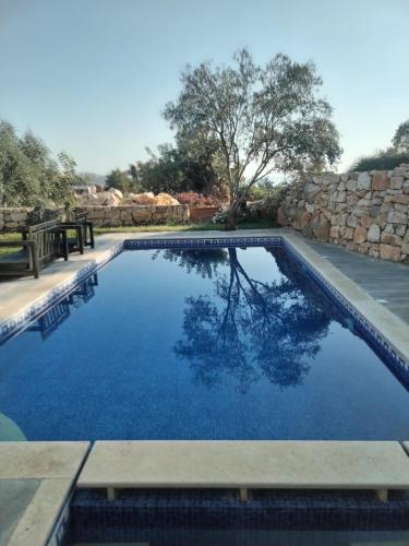 a swimming pool with blue water and a stone wall at Bella Guesthouse with Garden, Pool & Jacuzzi in Kafr ‘Ubaydā
