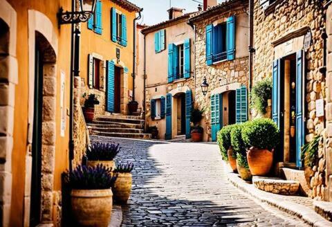 a cobblestone street in an old town with plants at La Villa Tria Castella in Saint-Paul-Trois-Châteaux