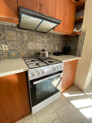 a kitchen with a stove with a pot on it at Violeta in Agios Kirykos