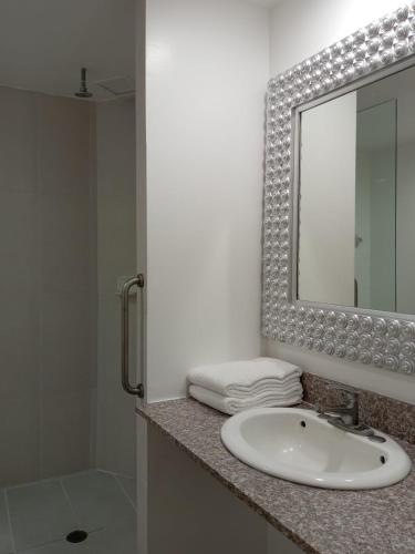 a bathroom with a sink and a mirror and a shower at Zar San Luis Potosi in San Luis Potosí
