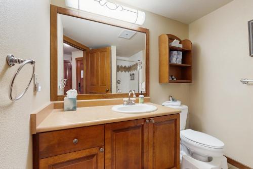 SolitudeにあるPowderhorn Lodge 223: Pennyroyal Suiteの洗面台、トイレ、鏡のあるバスルーム