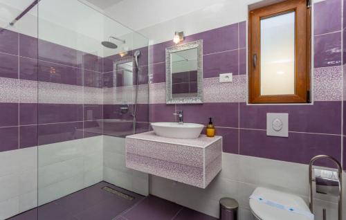 a purple and white bathroom with a sink and a mirror at Holiday home Villa Vrbnik by Villas guide in Vrbnik