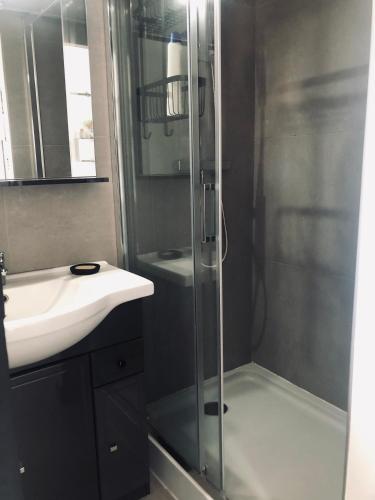 une salle de bain avec douche et lavabo dans l'établissement Lumineux avec piscine, Wifi & Terrace - Proche plage & Aéroport, à Saint-Laurent-du-Var