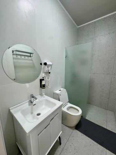 a bathroom with a sink and a toilet and a mirror at BOG'DON GRAND Hotel in Tashkent