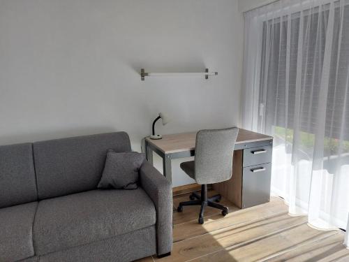 a living room with a couch and a desk and a chair at La Loge du Capitole in Veyrier-du-Lac