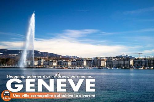 a poster for a city with a fountain in the water at CHALET 1703 - Refuge Alpin avec Spa & Sauna - l'esprit maison au Coeur des Alpes - Adults Only in Le Petit-Bornand-lès-Glières
