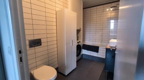 La salle de bains est pourvue de toilettes et d'un lave-linge. dans l'établissement Superbe Appartement Rue Royale - Gregoire, à Lille