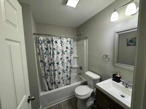 a bathroom with a toilet and a sink and a shower at 4BR Ocean Springs Home with Luxury Amenities in Ocean Springs
