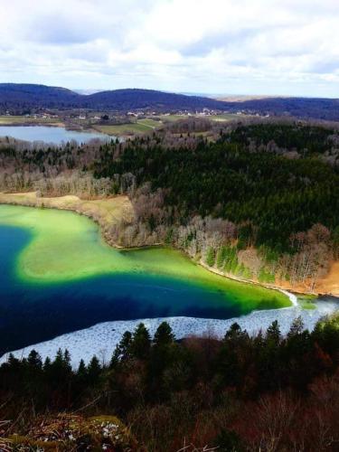an aerial view of a large lake with green algae at Ch d'Hôte LE BON ABRI JURA in Marigny