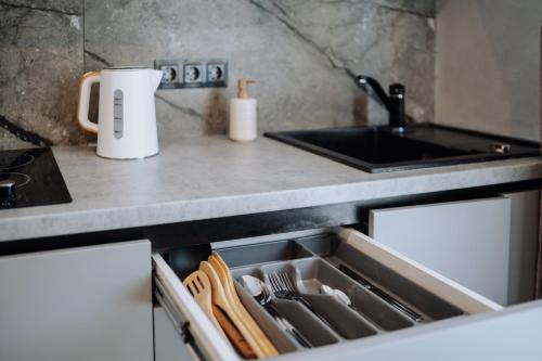 Η κουζίνα ή μικρή κουζίνα στο NEW Chic & Cozy 2-Rooms near Park in Chisinau