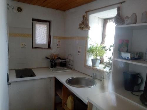 une cuisine avec un évier et une fenêtre dans l'établissement Le Gîte de la Vallée, à Saint-Hilaire-de-Lavit