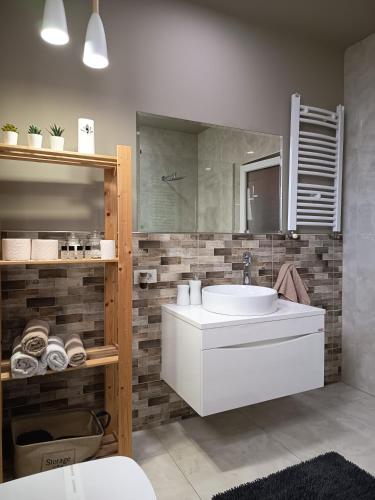 a bathroom with a white sink and a mirror at Apartments Vidanovic in Ohrid