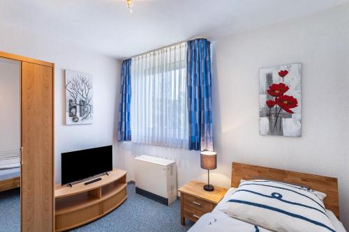 a bedroom with a bed and a television and a window at Ferienwohnung Kleine Auszeit in Eslohe