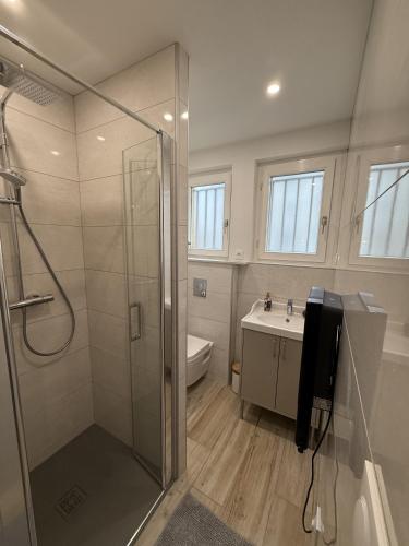 une salle de bain avec douche et lavabo dans l'établissement Le Moderne, à Montchanin