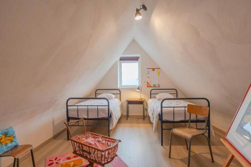 a room with three bunk beds in a attic at Ti Nevez in Le Bono