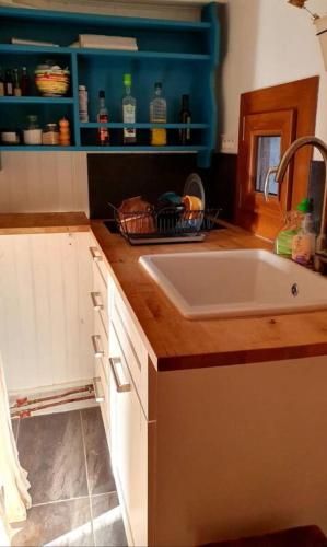 a kitchen with a sink and a wooden counter top at Chalet des lupins - Chalet 1P2 in Chamrousse