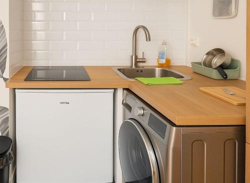 Appartement Splendide Vue sur Tour Eiffel في باريس: مطبخ مع حوض وغسالة ملابس