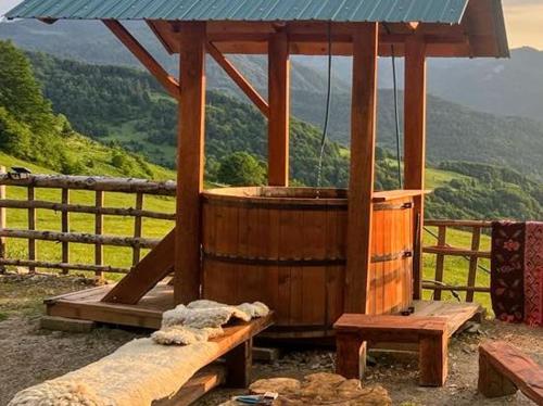 a wooden gazebo with a bench and a hot tub at Bed and water in Plav