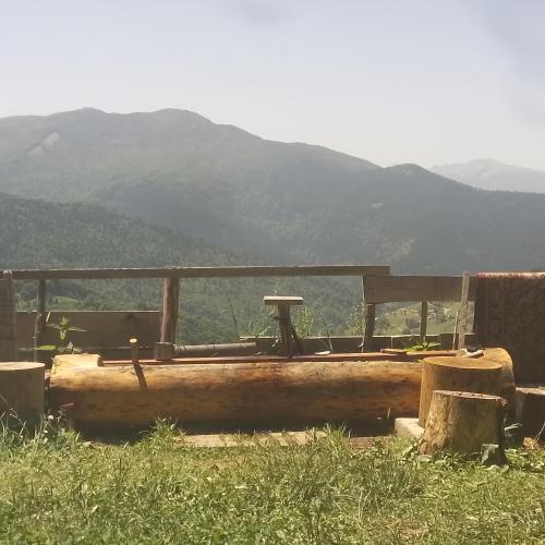 a wooden bench in a field with mountains in the background at Bed and water in Plav