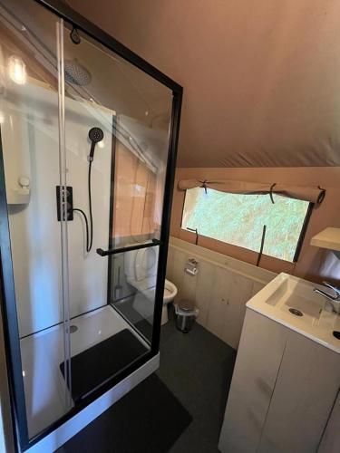 a small bathroom with a shower and a toilet at Romala's Glamping Hideaway in Kiel