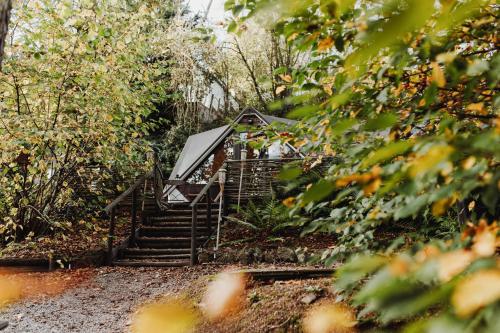 a set of stairs leading up to a house at Chambre avec jacuzzi ou Chalets dans les bois in Gesves