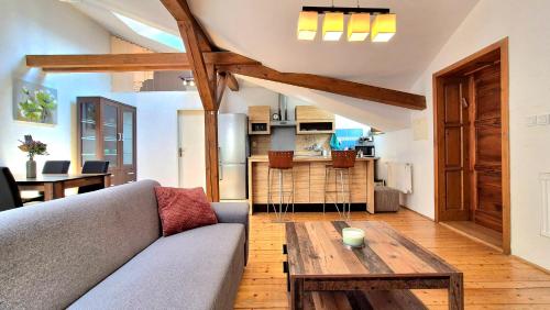 ein Wohnzimmer mit Sofa und Tisch in der Unterkunft Loft Timonova, Košice - Old Town in Košice