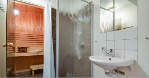 a bathroom with a sink and a shower at Lägenhet i Klövsjö in Herräng