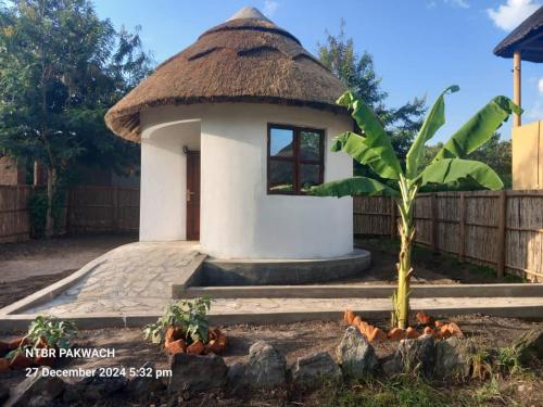 a small building with a straw roof and a palm tree at NT Resort Beach hotel in Pakwach