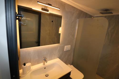 a bathroom with a sink and a mirror and a toilet at Paradise Garden Apartments in Gumusluk