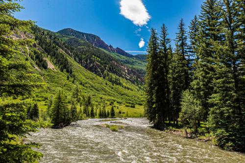 a river in the middle of a valley with trees at Elephant Mountain Cabin at Filoha Meadows in Redstone