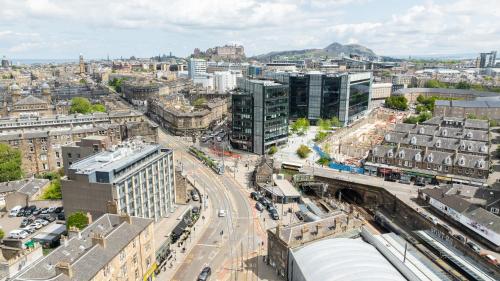 an aerial view of a city with buildings and a street at Garner Hotel Edinburgh - Haymarket by IHG in Edinburgh