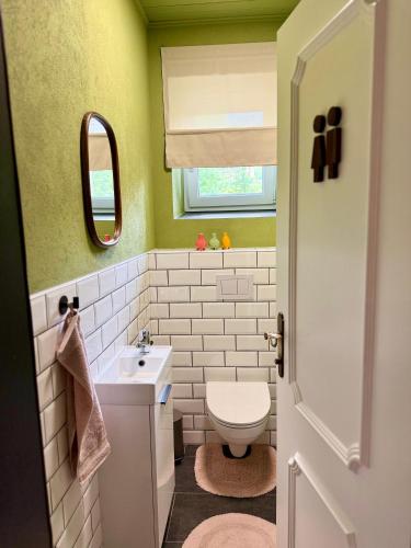 a bathroom with a toilet and a sink at MiHome - Grimming View Apartment in Tauplitz
