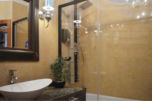 een badkamer met een wastafel en een glazen douche bij Palacio de Congresos by My Home in Salamanca in Salamanca