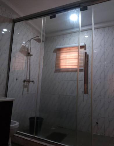 a shower with a glass door in a bathroom at DND Apartments in Benin City