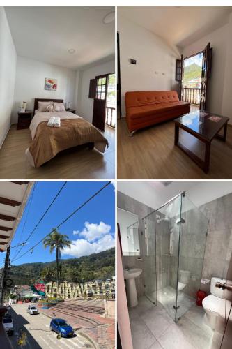 a collage of four pictures of a hotel room at Casa Candelaria Hotel in Machetá