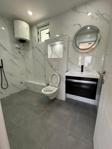 a bathroom with a toilet and a sink and a mirror at Villa Paris in Donji Štoj
