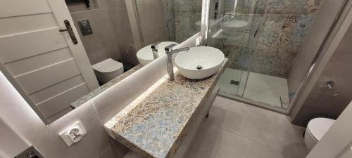 a bathroom with a sink and a toilet and a shower at Asnyk Prestige Apartments in Kraków