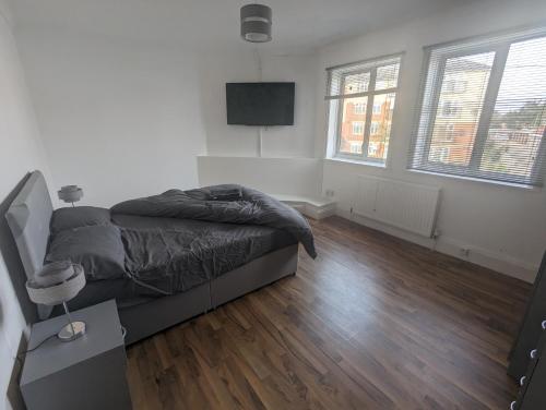 a bedroom with a bed and a flat screen tv at The Noisy Rooms in Southampton