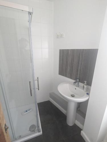 a white bathroom with a sink and a shower at The Noisy Rooms in Southampton