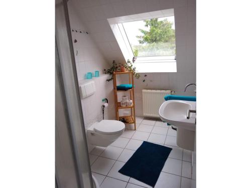 a bathroom with a toilet and a sink and a window at Ferienwohnung am Heidesee in Faßberg