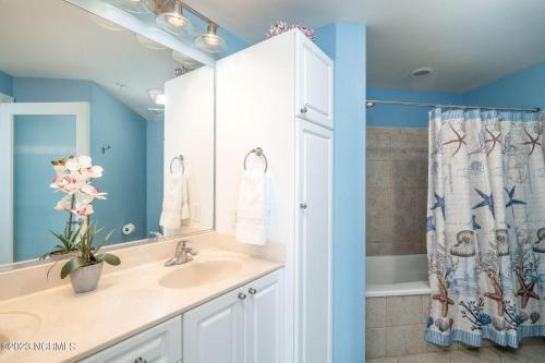 a bathroom with a sink and a shower curtain at Waterfront Resort , World Class Marina & Slip in Beaufort
