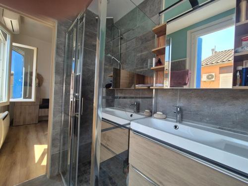 パラヴァ・レ・フロにあるBel appart rénové centre villageの洗面台とガラスのシャワーを備えたバスルーム